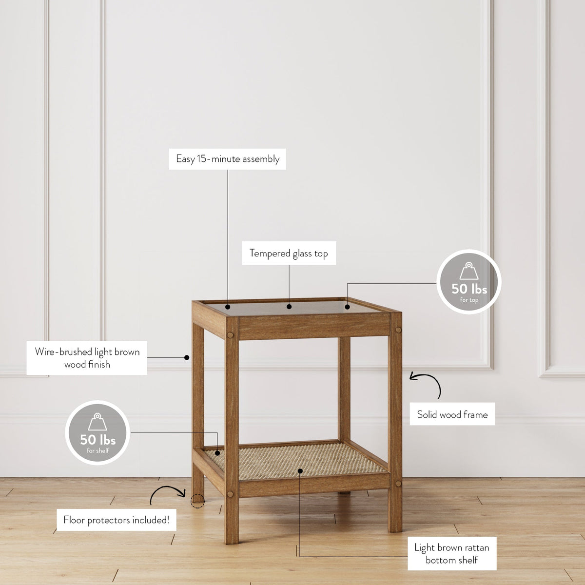 Rattan and Glass End Table, Solid Wood Side Table