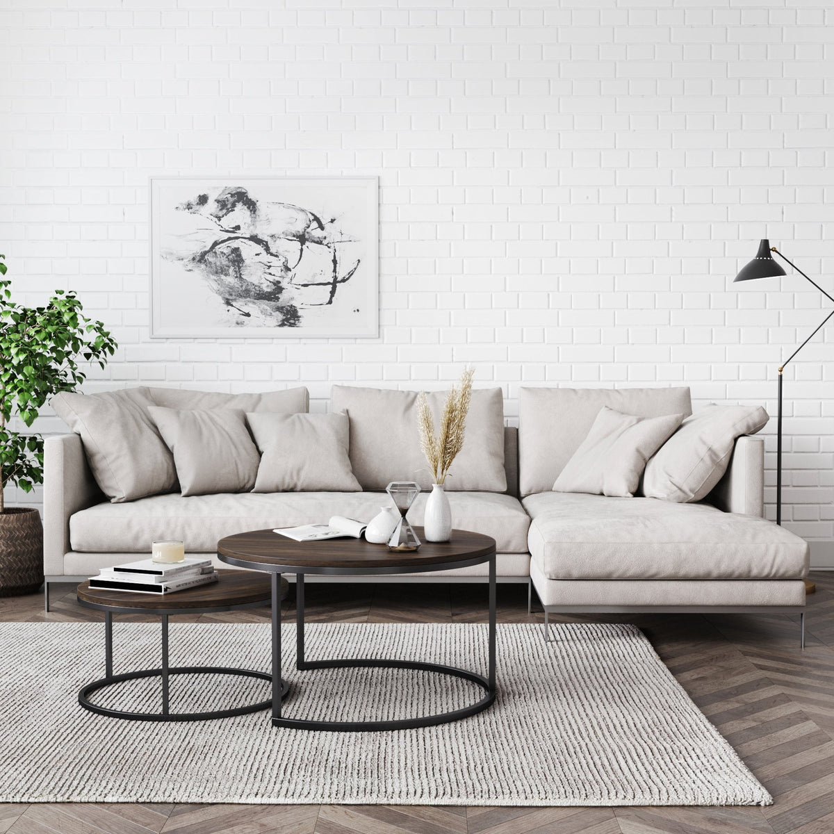 Round Nesting Coffee Table Set, Nutmeg and Black Metal
