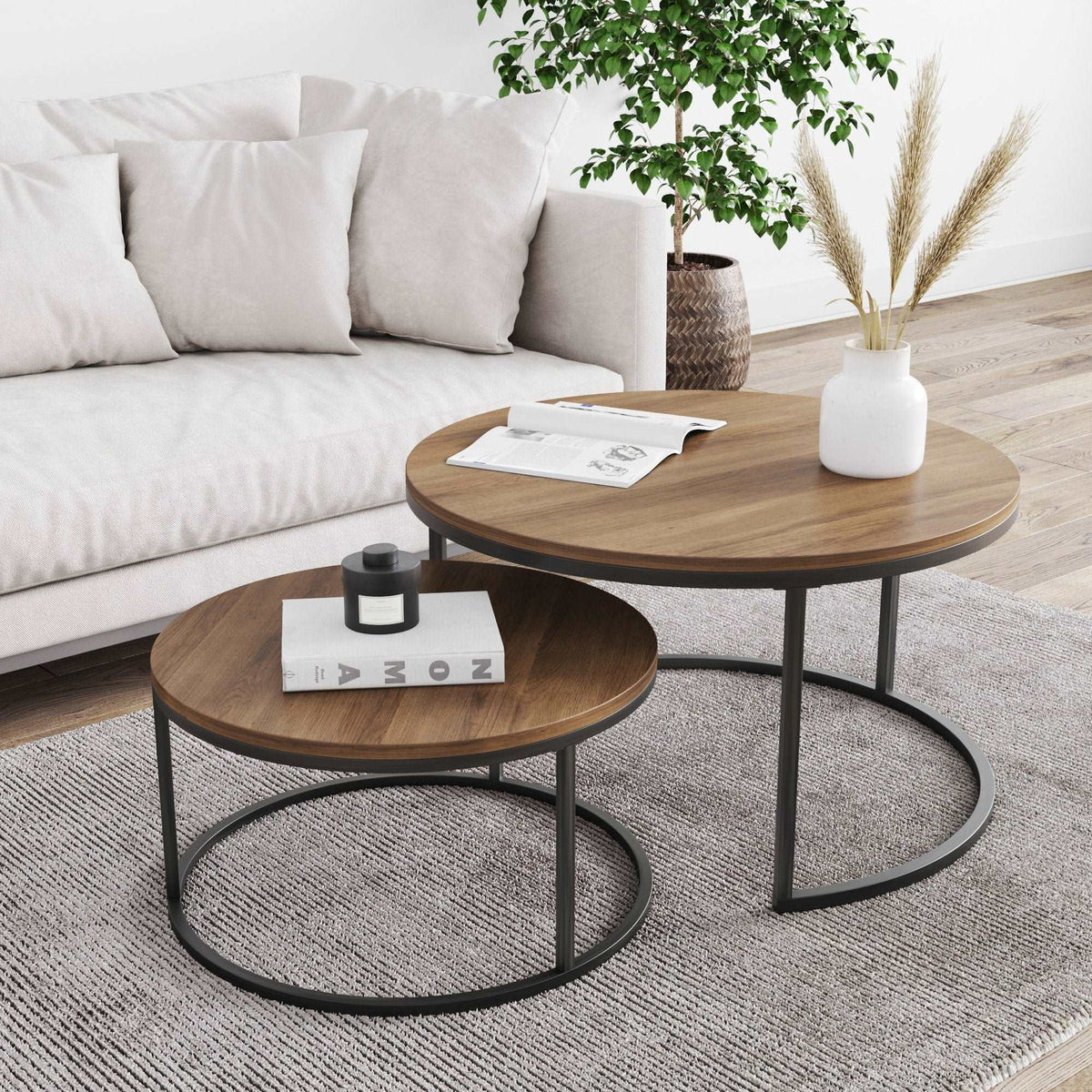 Round Nesting Coffee Table Set, Nutmeg and Black Metal