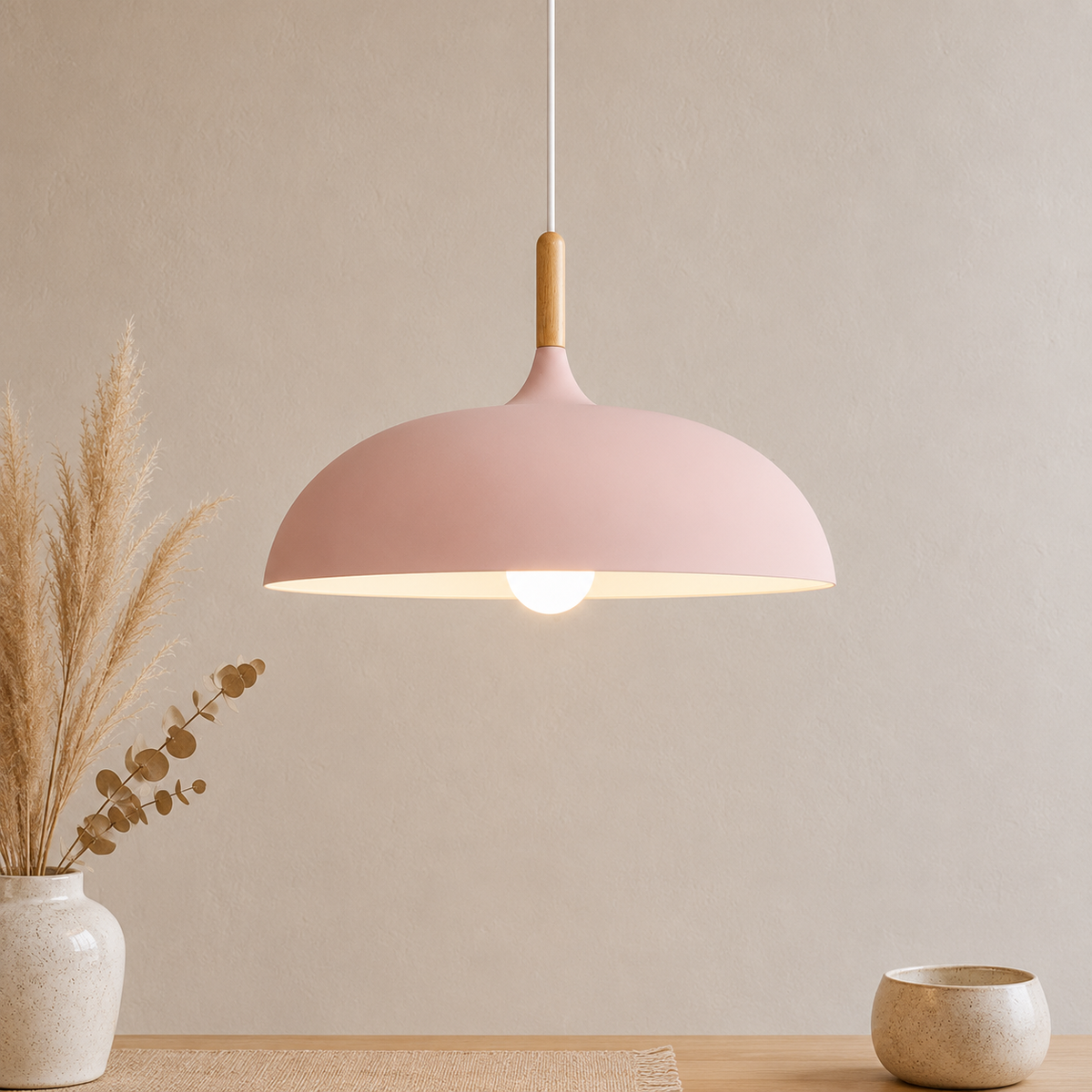 Bauhaus Dome Pendant Light, Wood and Aluminum Hanging Lamp
