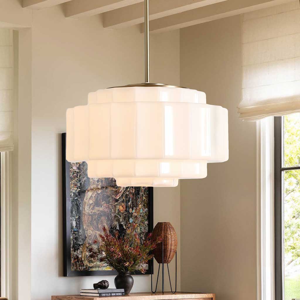 Tiered Glass Pendant Light, Opal Milk Glass, Antique Brass