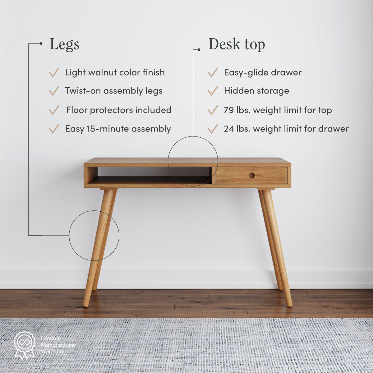 Wood Writing Desk, Mid-Century Acacia Desk with Drawer