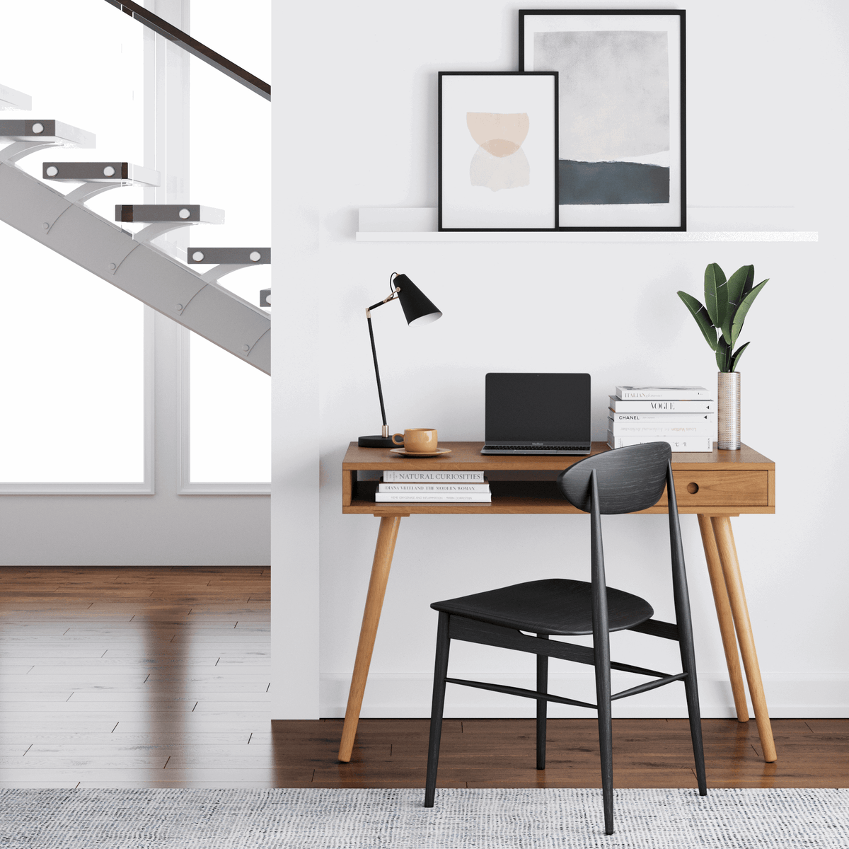 Wood Writing Desk, Mid-Century Acacia Desk with Drawer