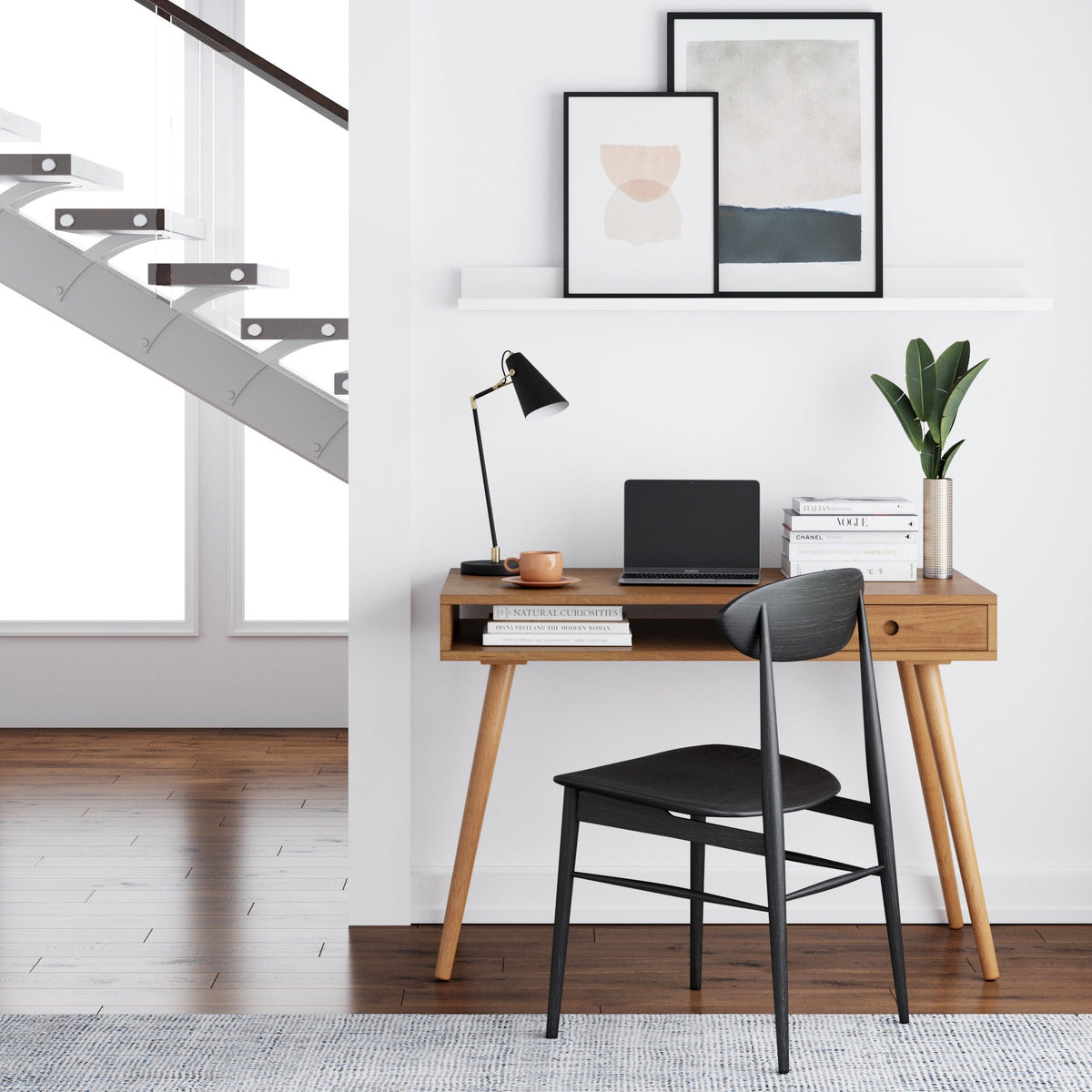 Wood Writing Desk, Mid-Century Acacia Desk with Drawer