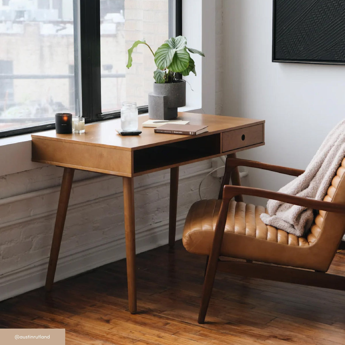 Wood Writing Desk, Mid-Century Acacia Desk with Drawer