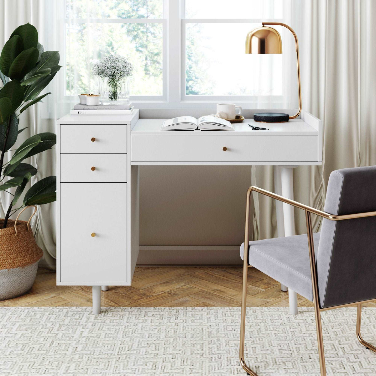 Mid Century Vanity Desk, White and Gold Writing Desk