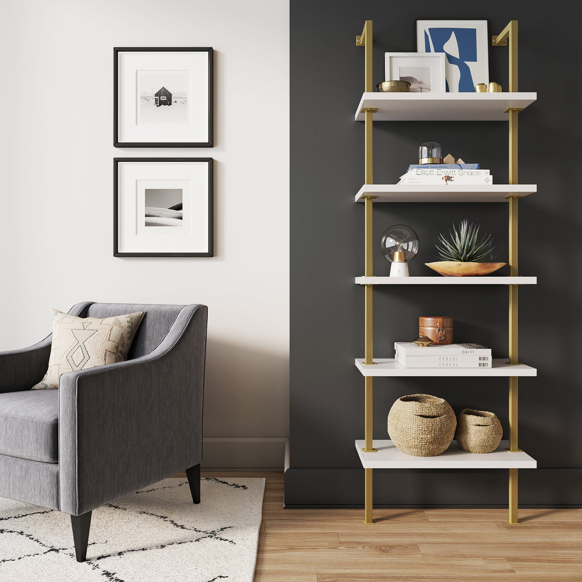 5-Shelf Ladder Bookshelf, White and Gold Wall Shelf