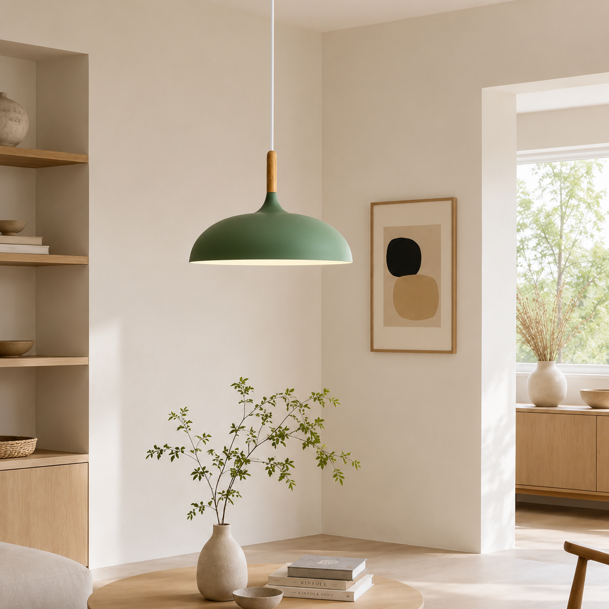 Bauhaus Dome Pendant Light, Wood and Aluminum Hanging Lamp