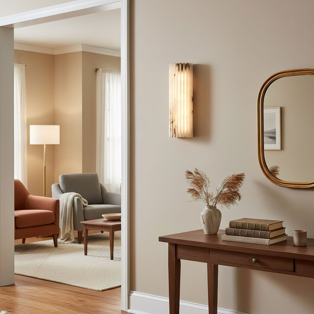 Ribbed Alabaster Wall Sconce, Dimmable LED Stone Wall Light