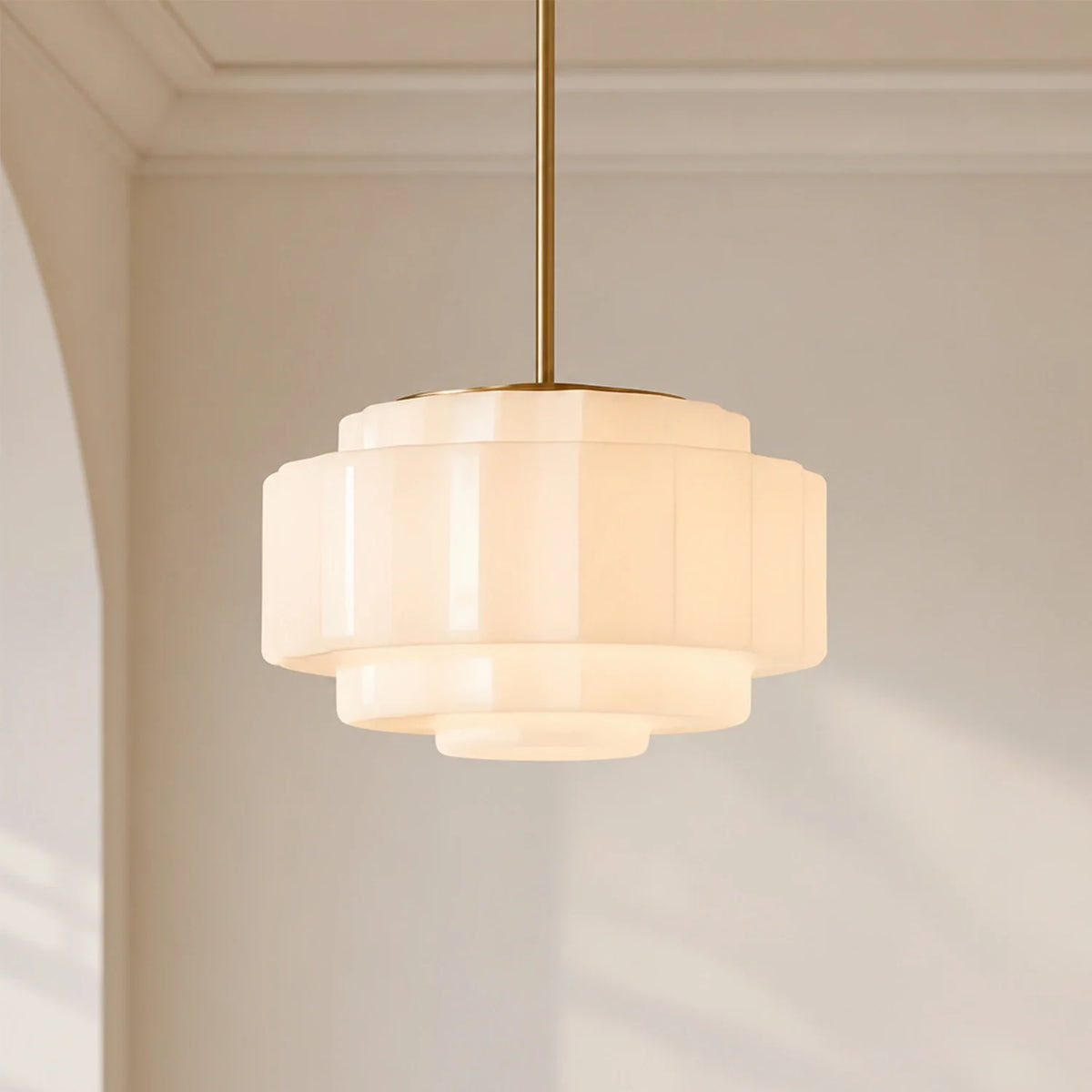 Tiered Glass Pendant Light, Opal Milk Glass, Antique Brass