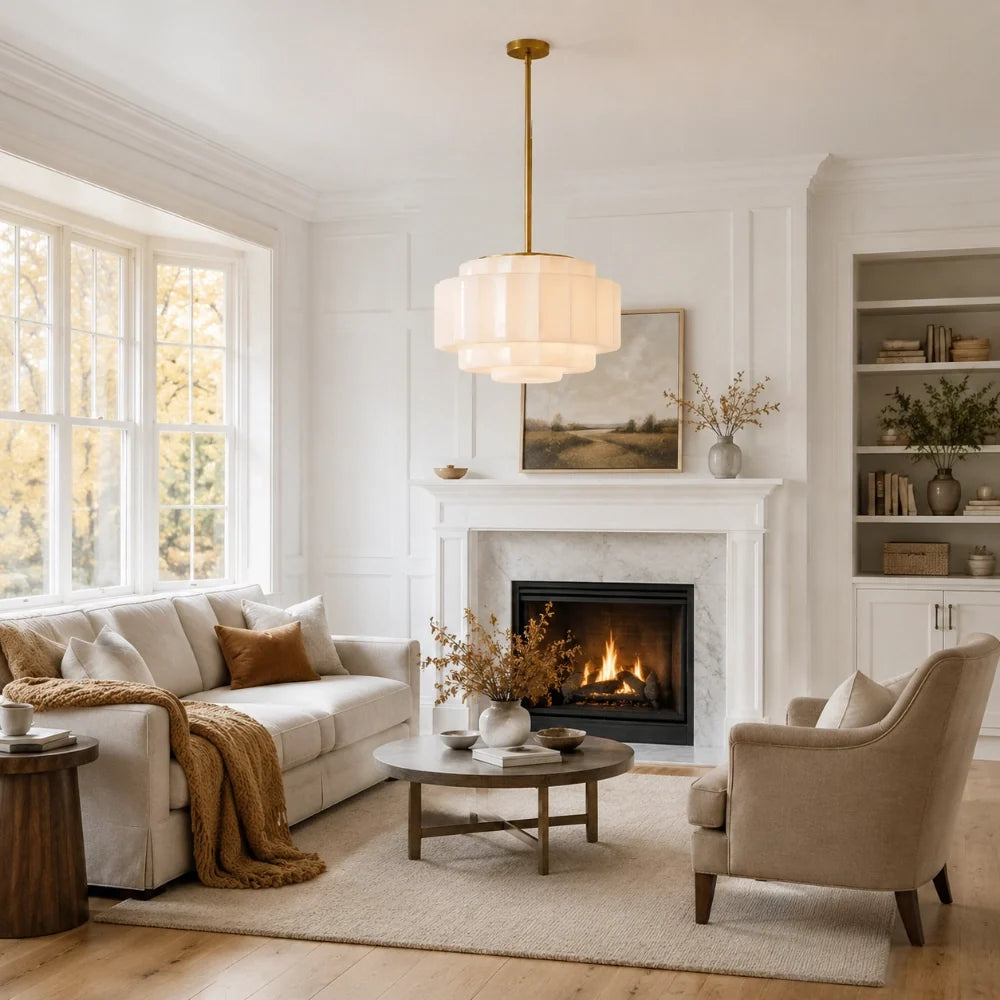 Tiered Glass Pendant Light, Opal Milk Glass, Antique Brass