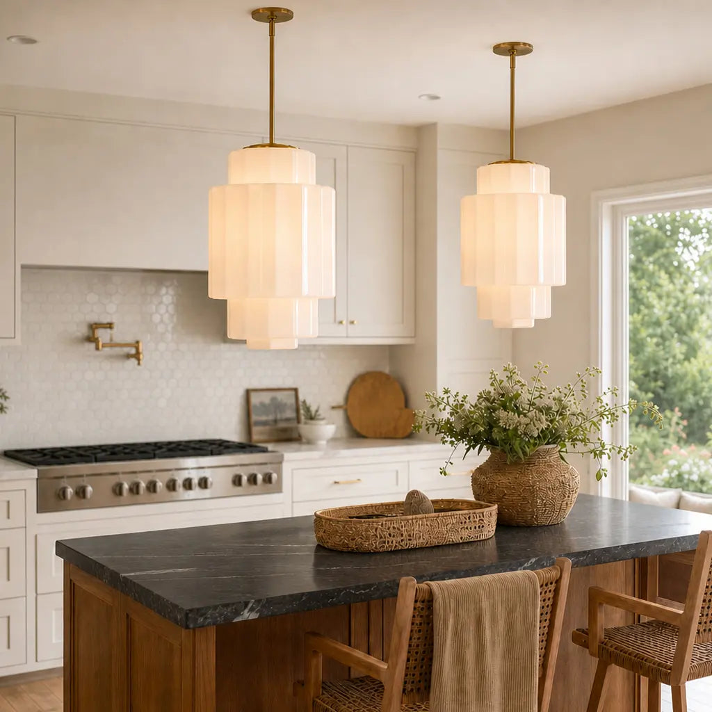 Tiered Glass Pendant Light, Opal Milk Glass, Antique Brass