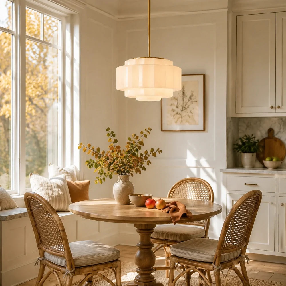 Tiered Glass Pendant Light, Opal Milk Glass, Antique Brass