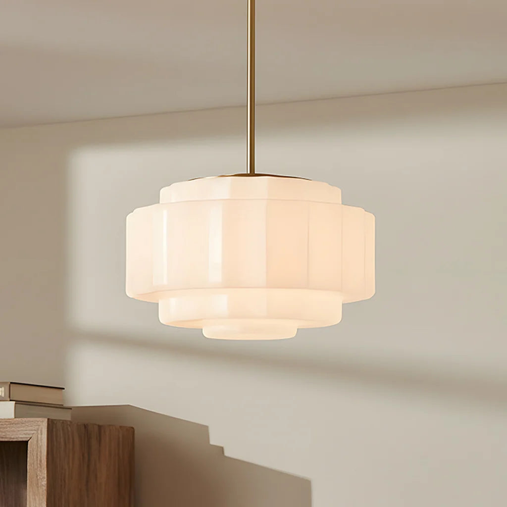 Tiered Glass Pendant Light, Opal Milk Glass, Antique Brass