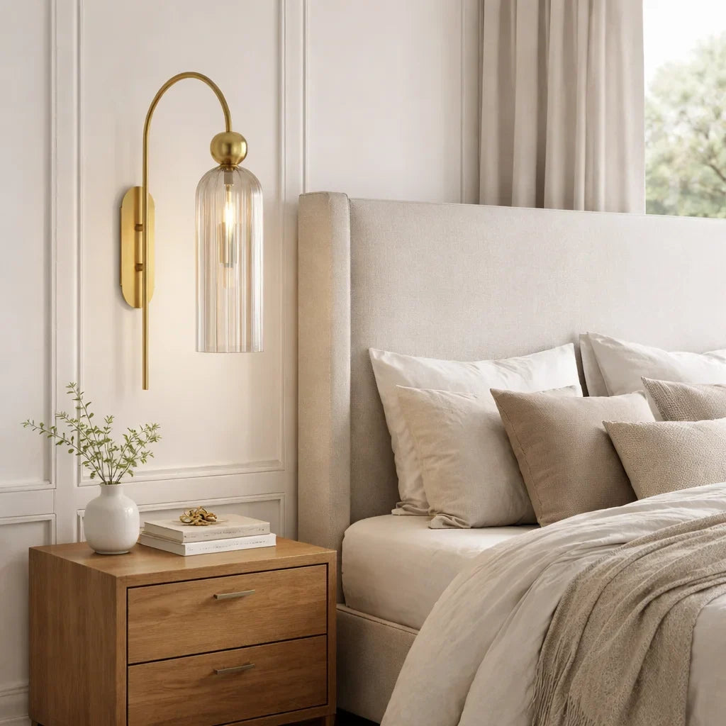 Gold Cylinder Wall Sconce, Tall Ribbed Glass or Alabaster