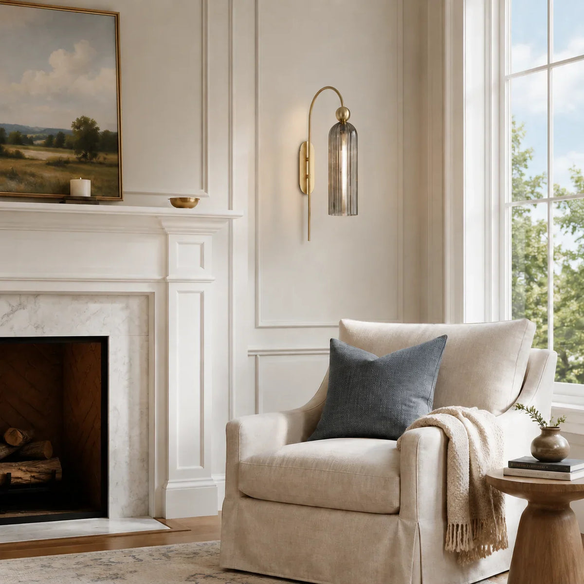 Gold Cylinder Wall Sconce, Tall Ribbed Glass or Alabaster