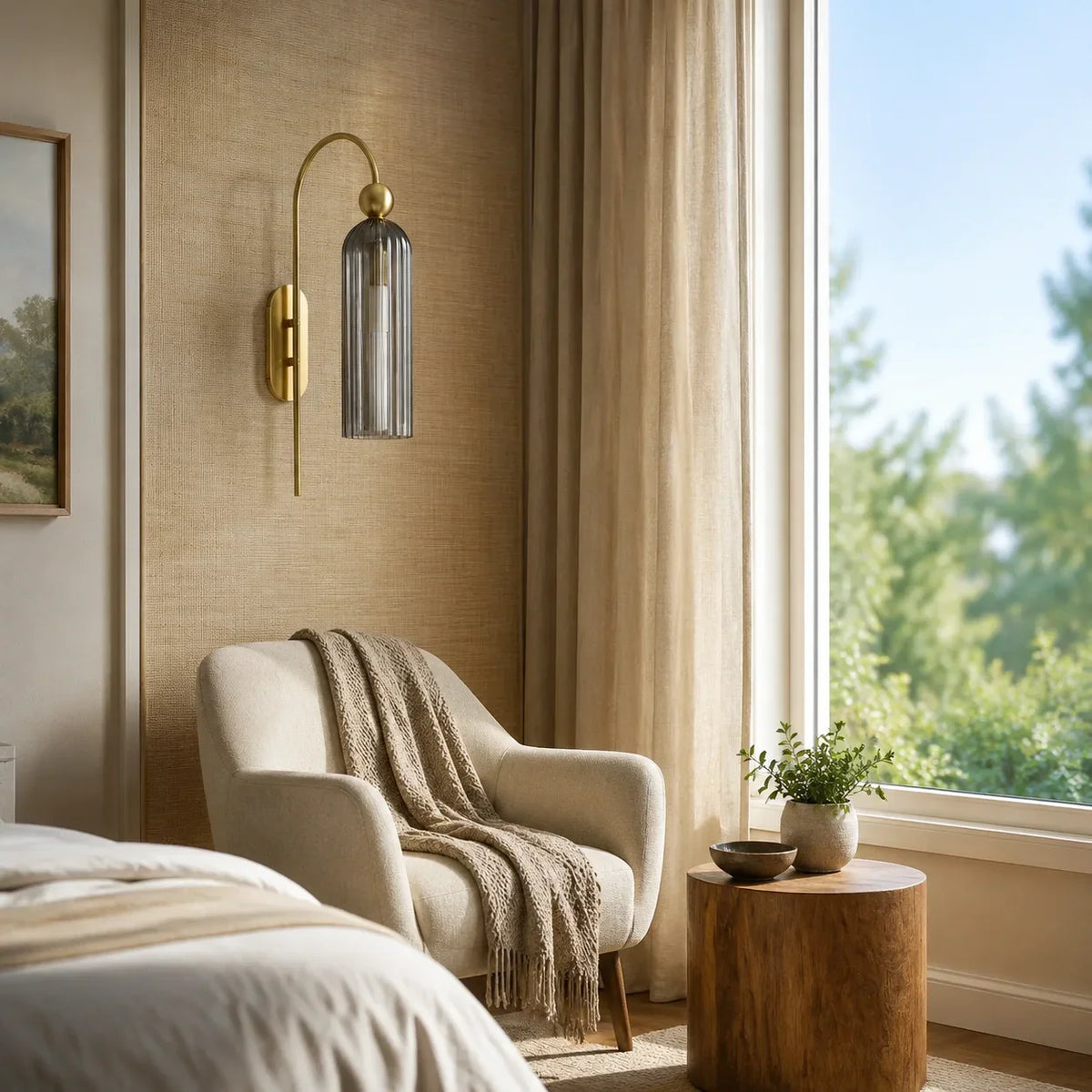 Gold Cylinder Wall Sconce, Tall Ribbed Glass or Alabaster