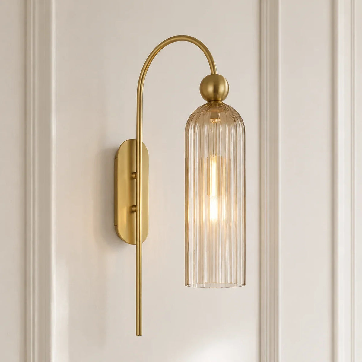 Gold Cylinder Wall Sconce, Tall Ribbed Glass or Alabaster