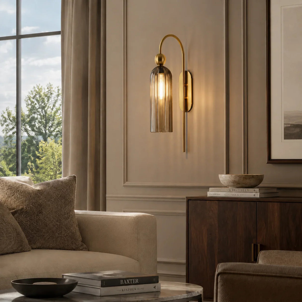 Gold Cylinder Wall Sconce, Tall Ribbed Glass or Alabaster