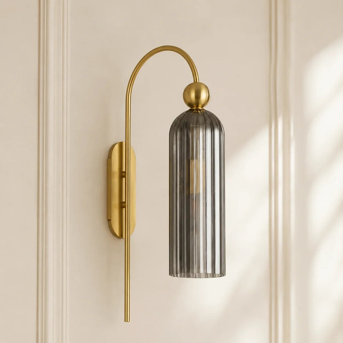 Gold Cylinder Wall Sconce, Tall Ribbed Glass or Alabaster