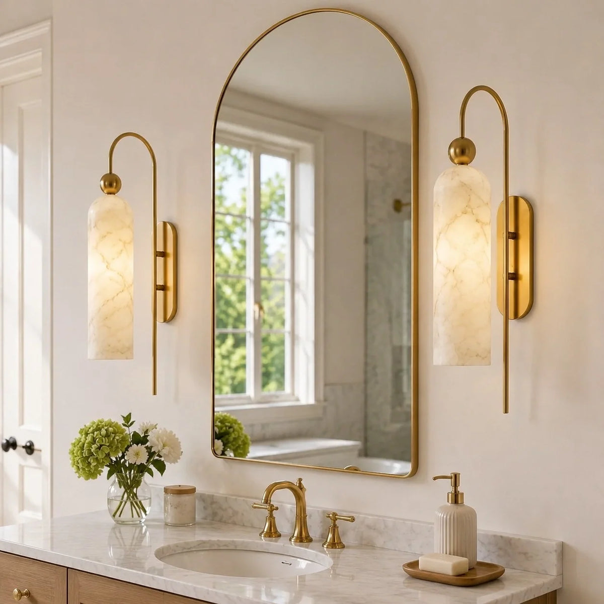 Gold Cylinder Wall Sconce, Tall Ribbed Glass or Alabaster