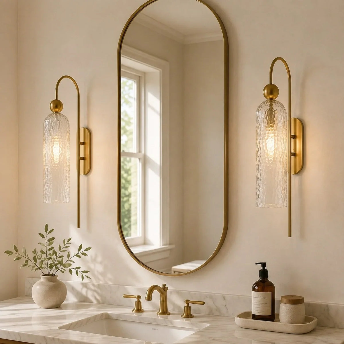 Gold Cylinder Wall Sconce, Tall Ribbed Glass or Alabaster