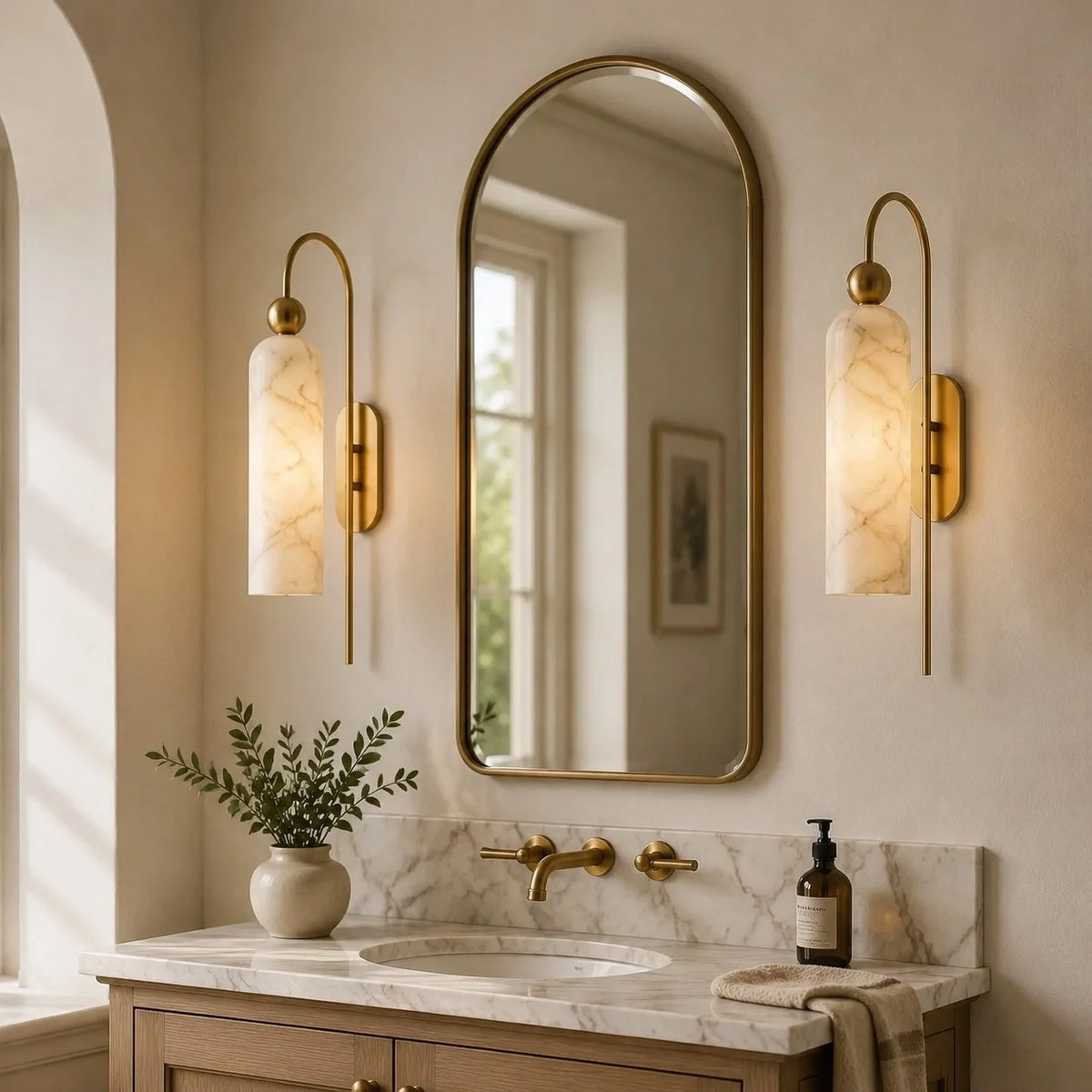 Gold Cylinder Wall Sconce, Tall Ribbed Glass or Alabaster