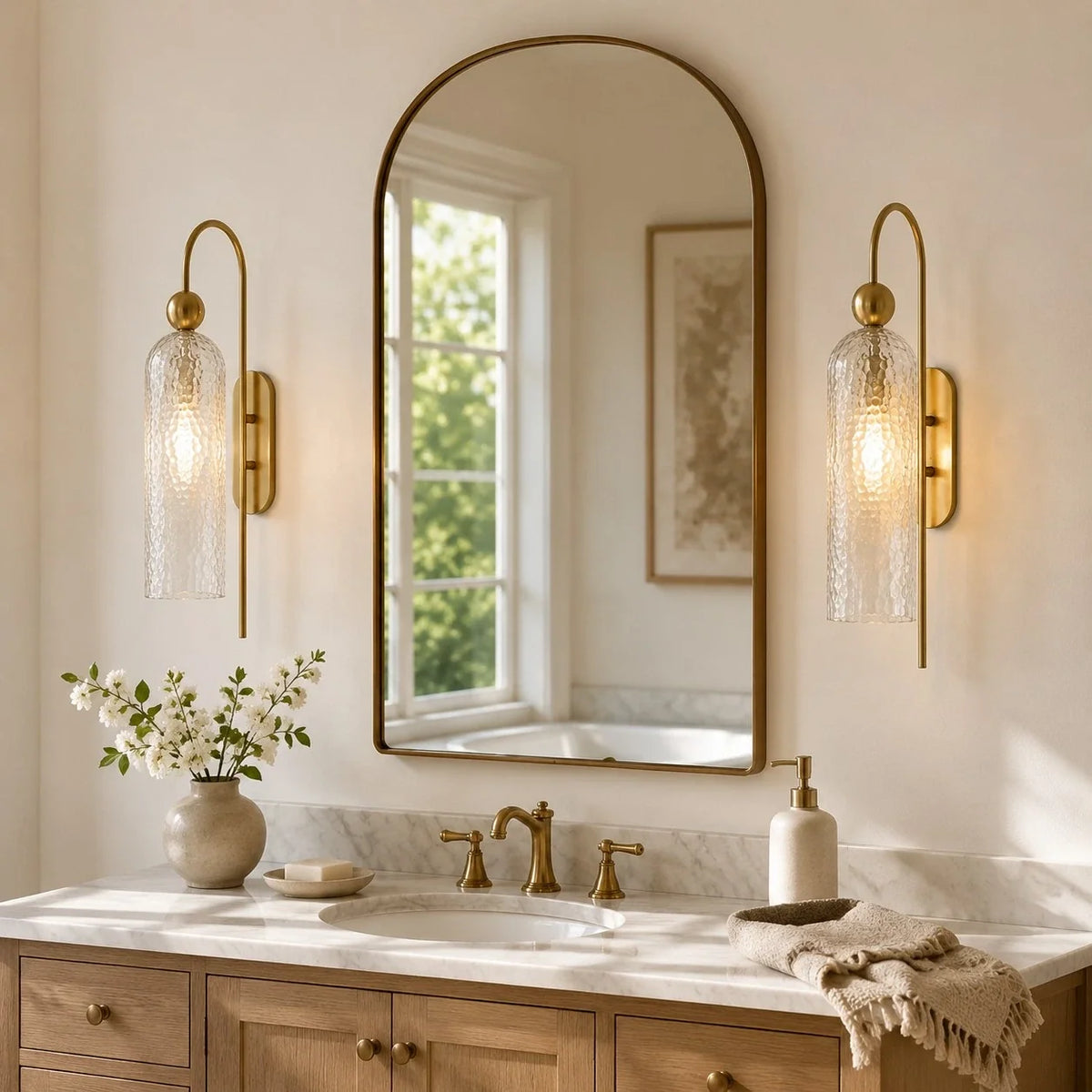 Gold Cylinder Wall Sconce, Tall Ribbed Glass or Alabaster