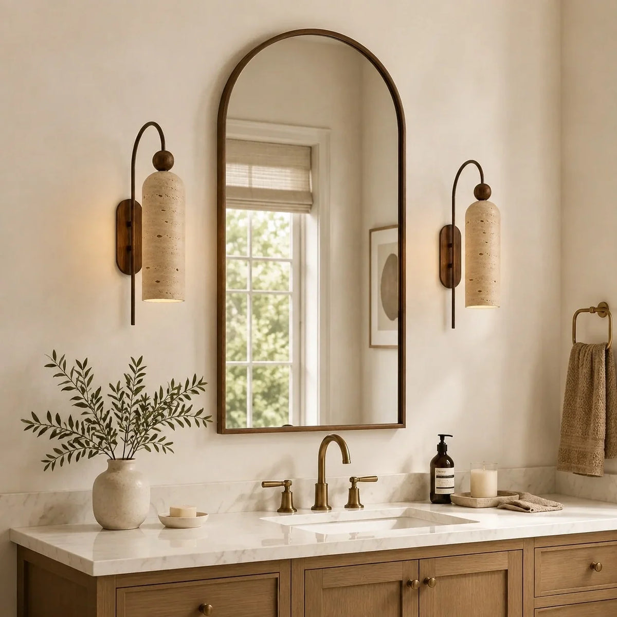Gold Cylinder Wall Sconce, Tall Ribbed Glass or Alabaster