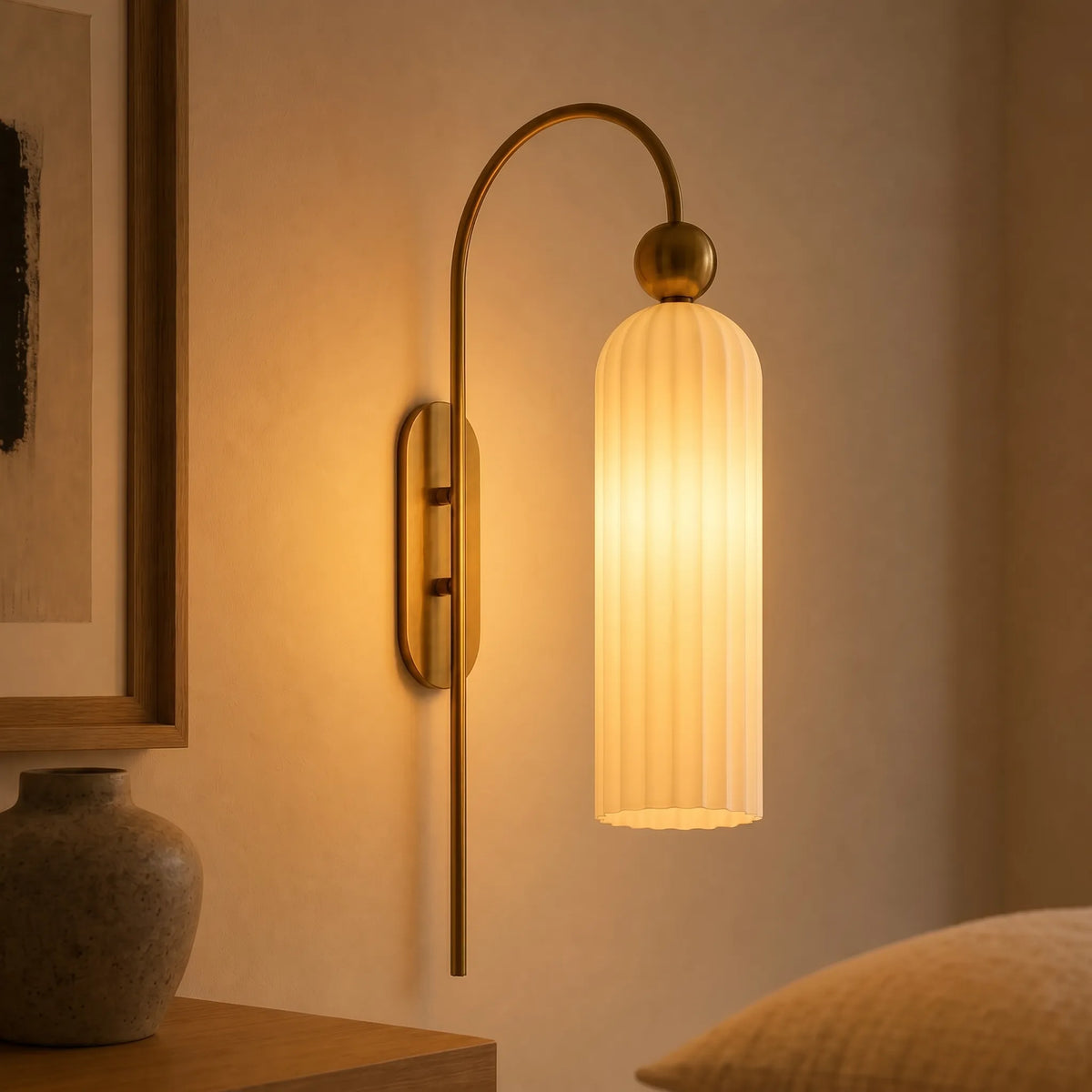 Gold Cylinder Wall Sconce, Tall Ribbed Glass or Alabaster