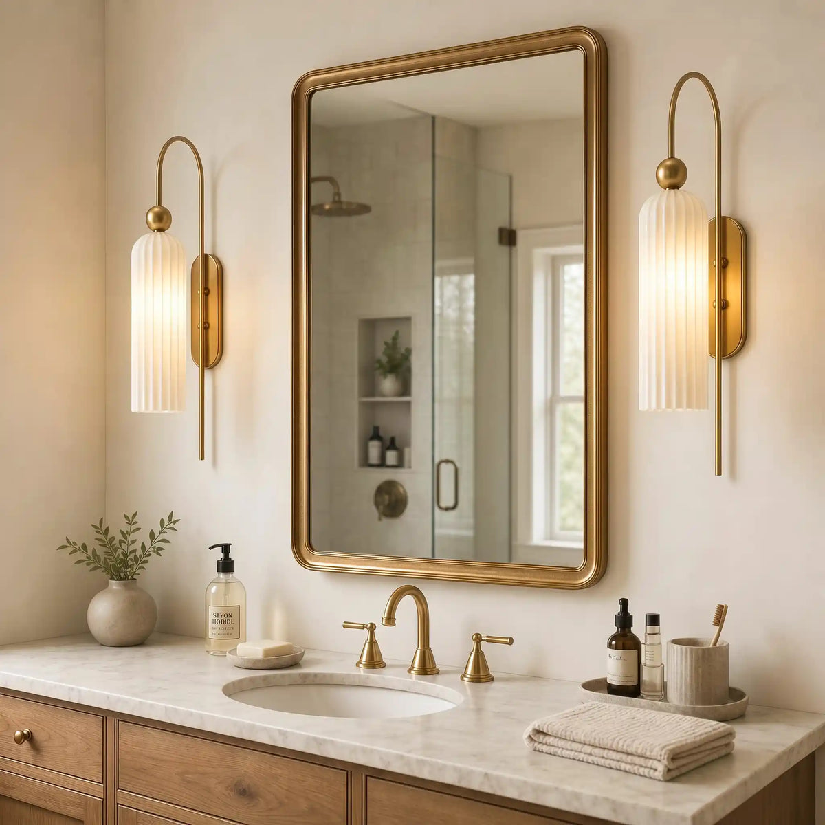 Gold Cylinder Wall Sconce, Tall Ribbed Glass or Alabaster