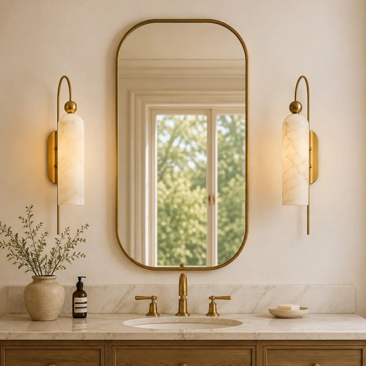 Gold Cylinder Wall Sconce, Tall Ribbed Glass or Alabaster