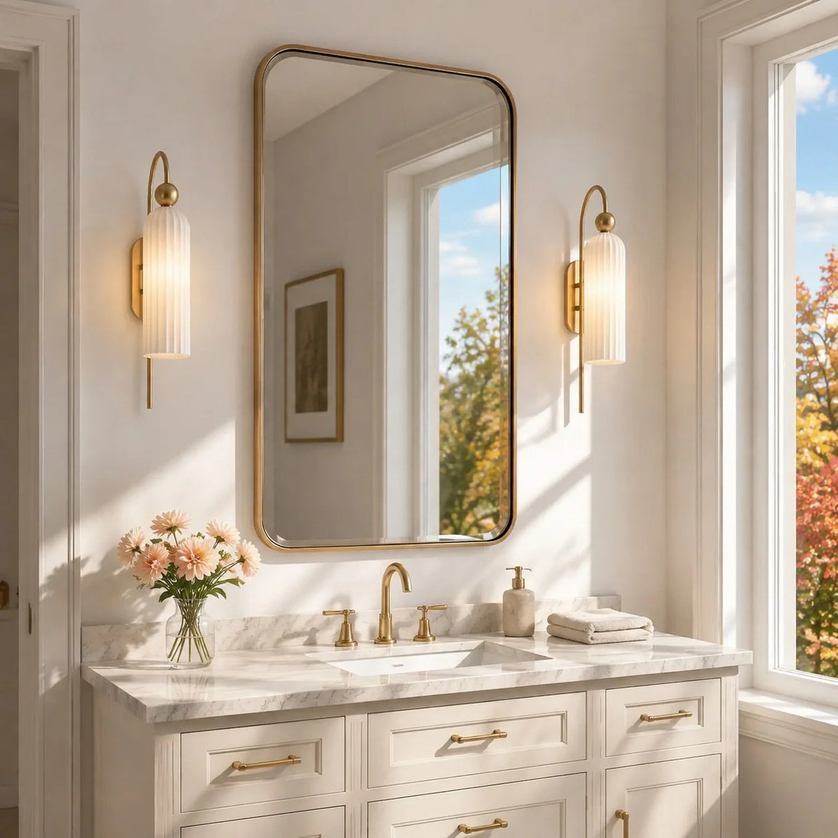 Gold Cylinder Wall Sconce, Tall Ribbed Glass or Alabaster