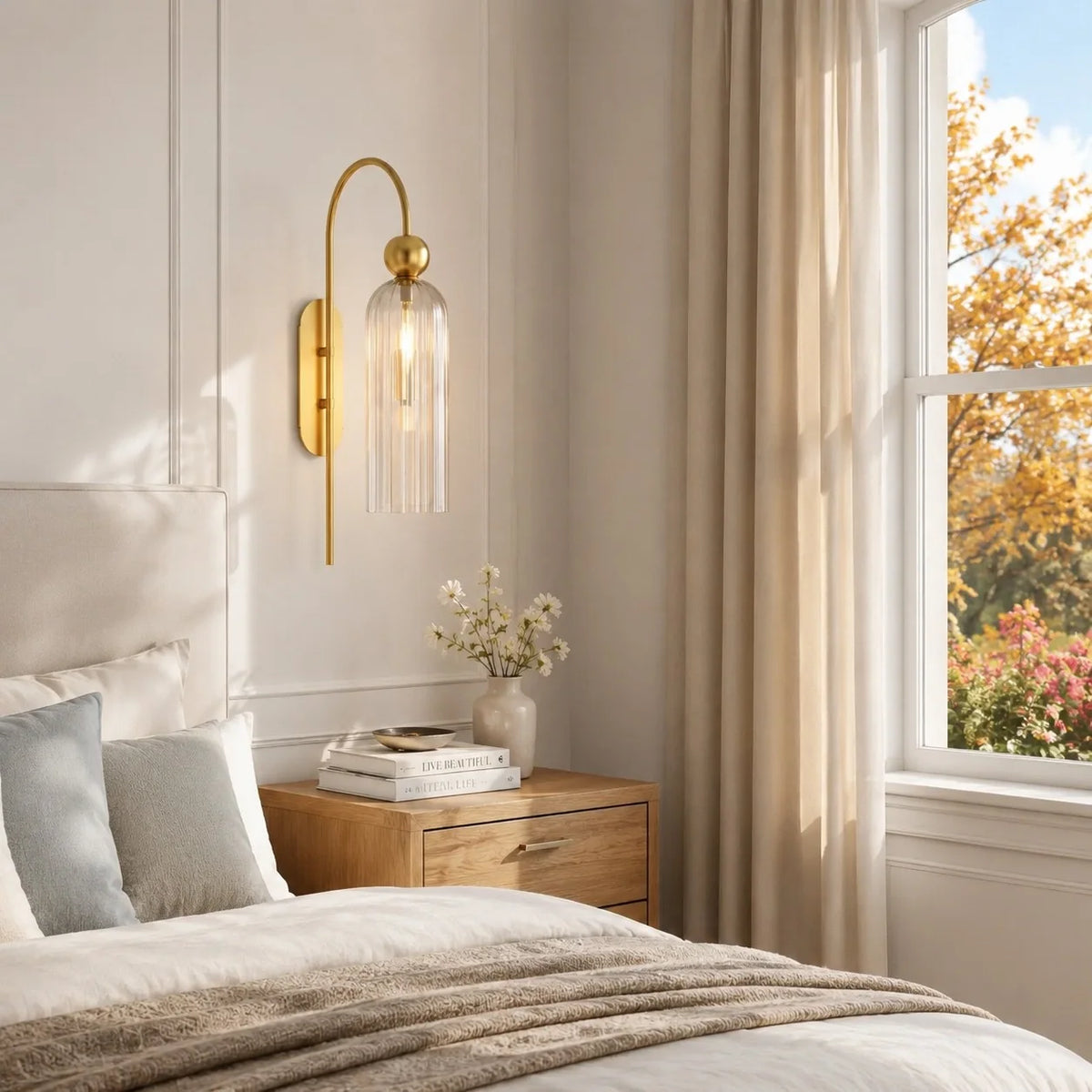 Gold Cylinder Wall Sconce, Tall Ribbed Glass or Alabaster