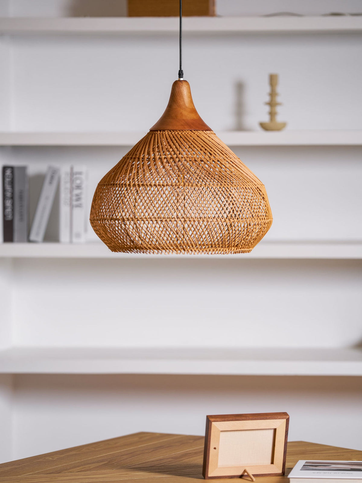 Rattan Pendant Light, Handwoven Wood & Rattan Shade