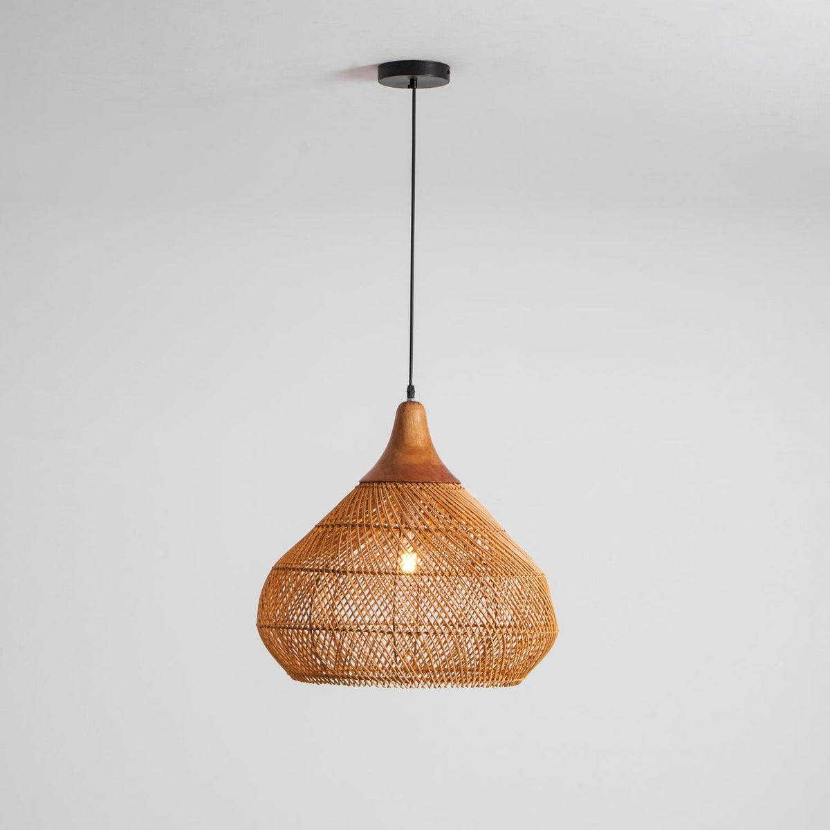 Rattan Pendant Light, Handwoven Wood & Rattan Shade