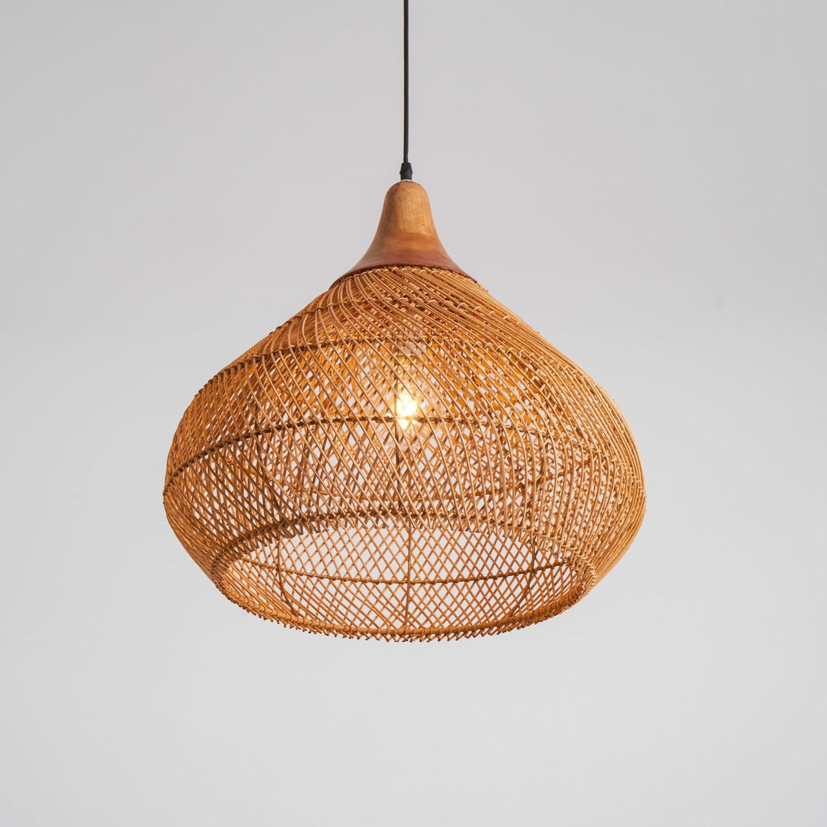 Rattan Pendant Light, Handwoven Wood & Rattan Shade