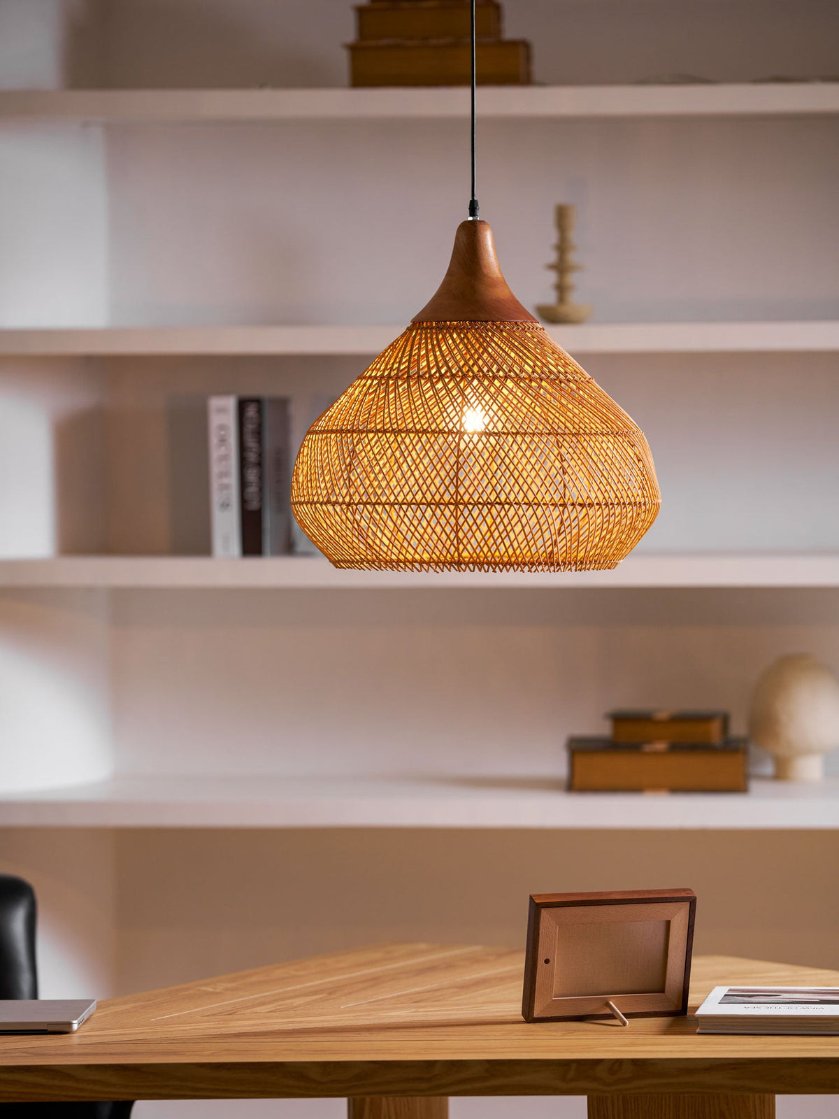 Rattan Pendant Light, Handwoven Wood & Rattan Shade