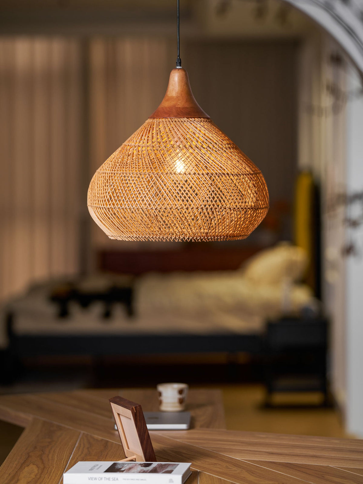 Rattan Pendant Light, Handwoven Wood & Rattan Shade