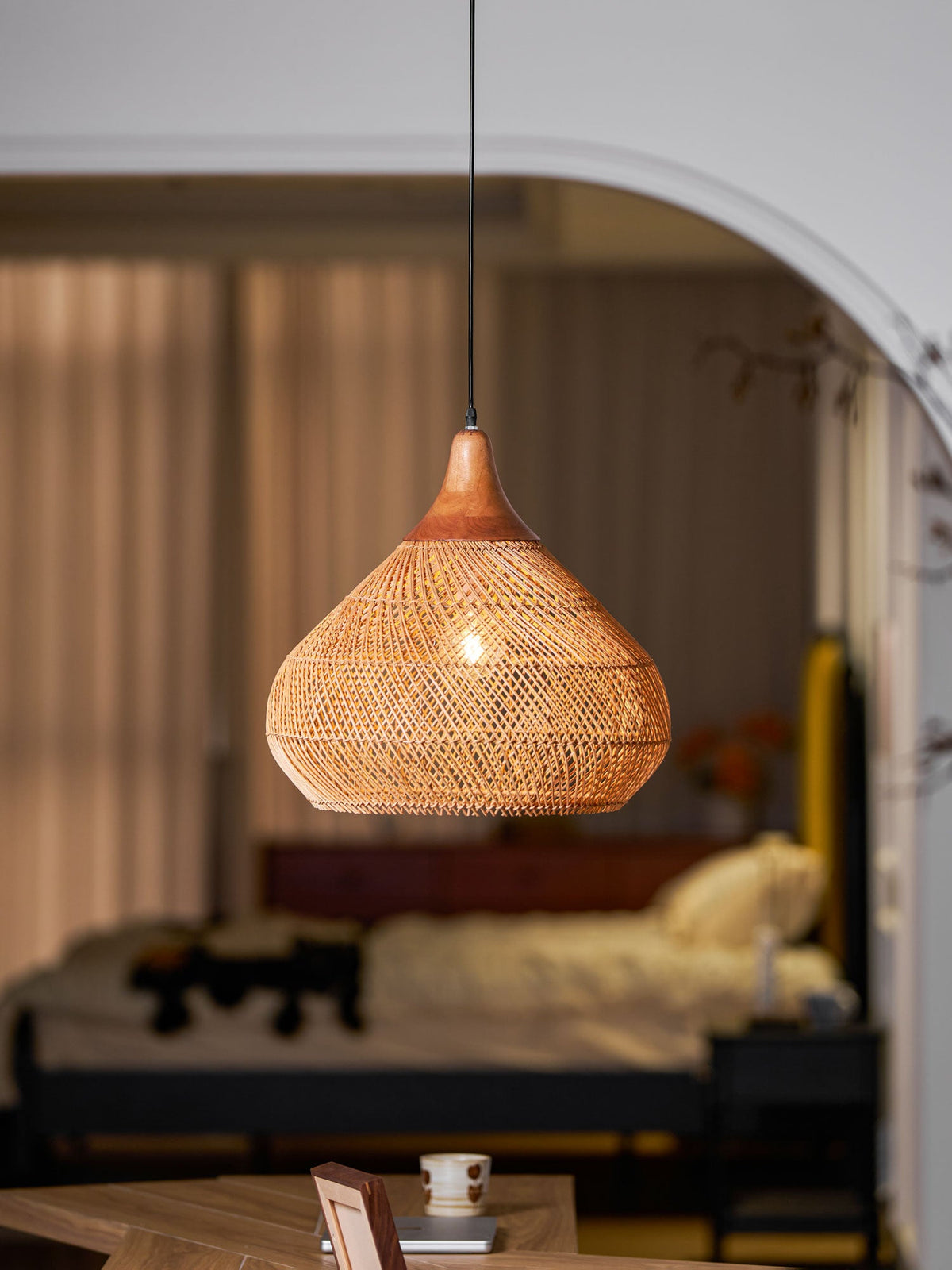 Rattan Pendant Light, Handwoven Wood & Rattan Shade