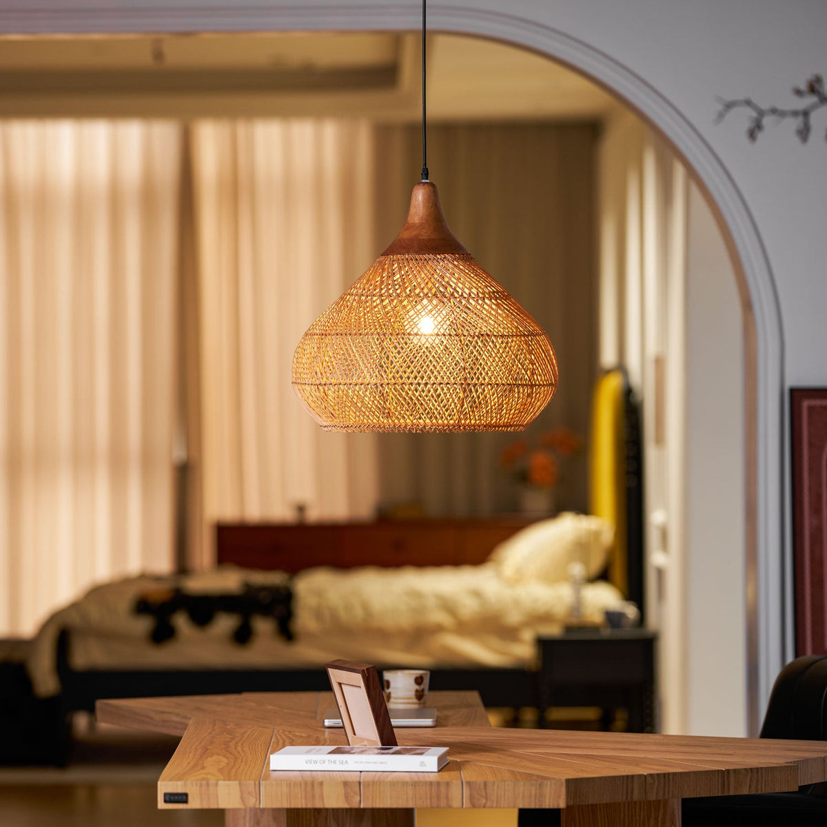 Rattan Pendant Light, Handwoven Wood & Rattan Shade