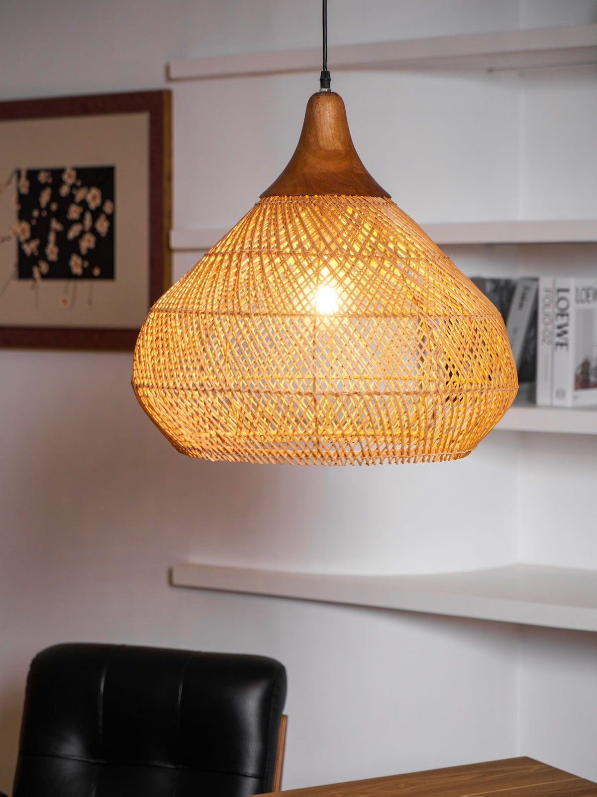 Rattan Pendant Light, Handwoven Wood & Rattan Shade