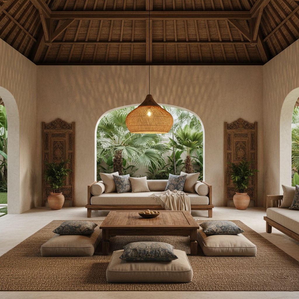 Rattan Pendant Light, Handwoven Wood & Rattan Shade