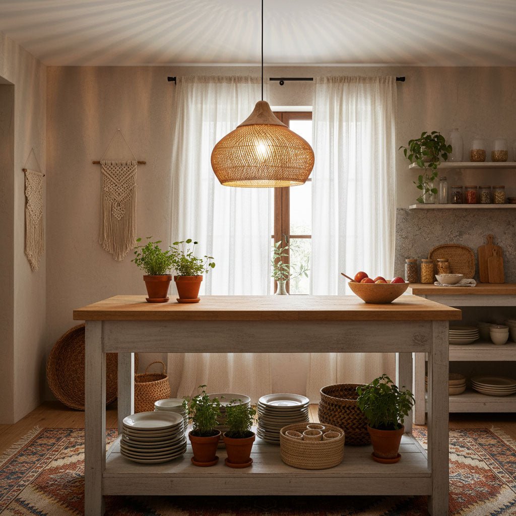 Rattan Pendant Light, Handwoven Wood & Rattan Shade