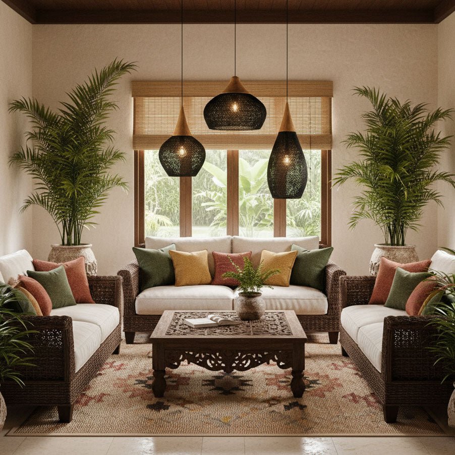Rattan Pendant Light, Handwoven Wood & Rattan Shade