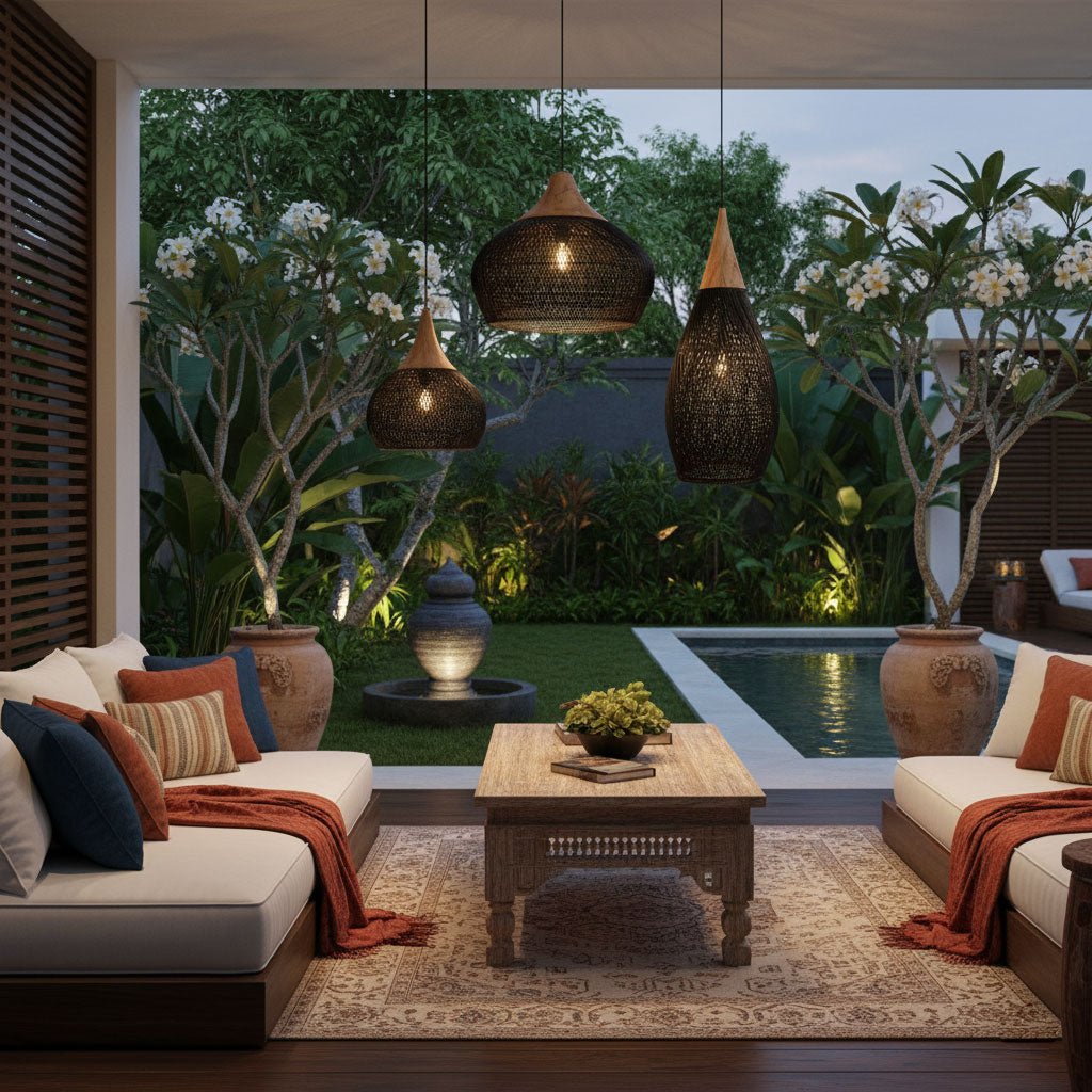Rattan Pendant Light, Handwoven Wood & Rattan Shade