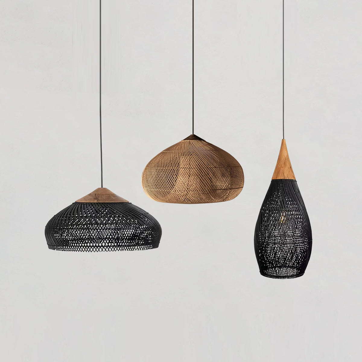 Rattan Pendant Light, Handwoven Wood & Rattan Shade