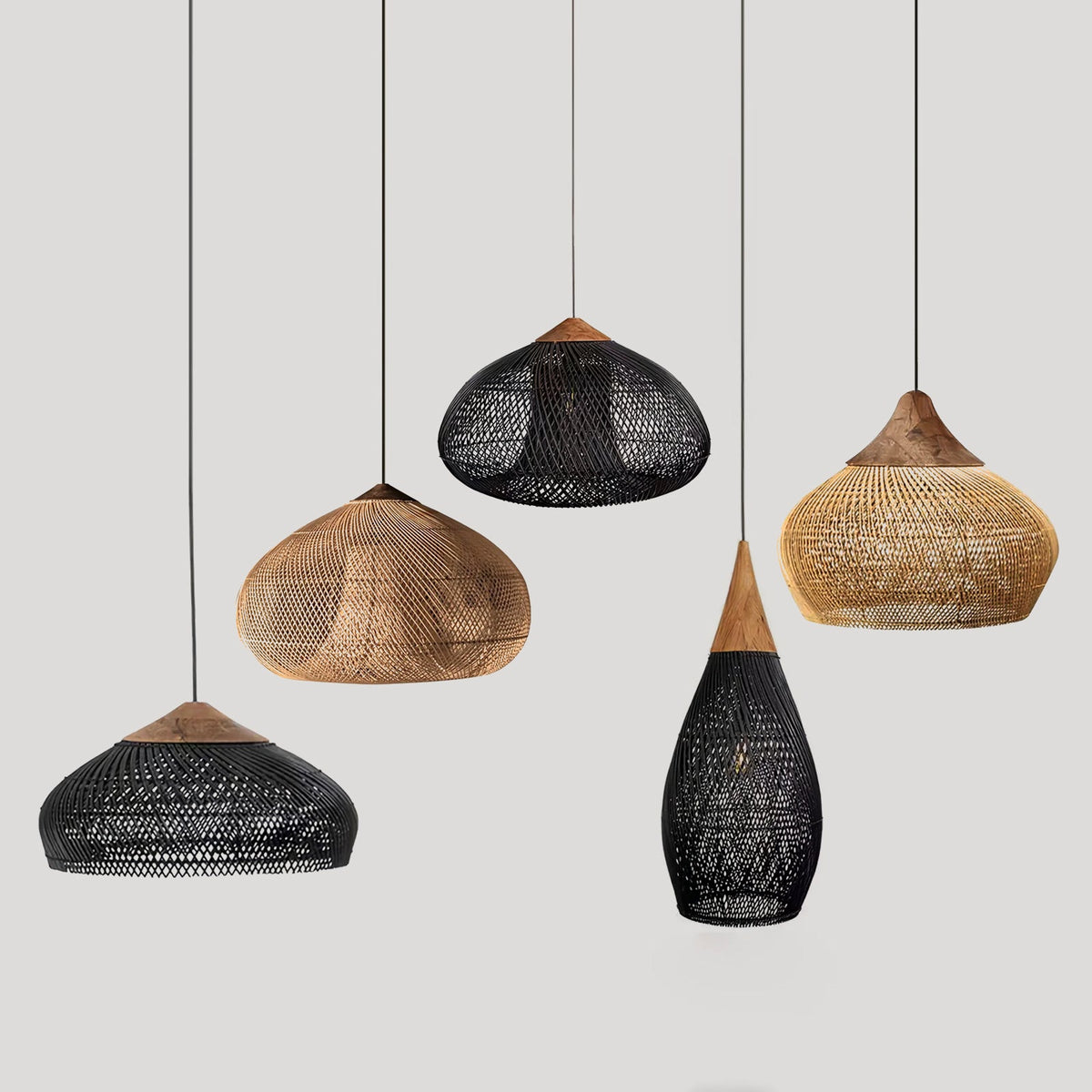 Rattan Pendant Light, Handwoven Wood & Rattan Shade