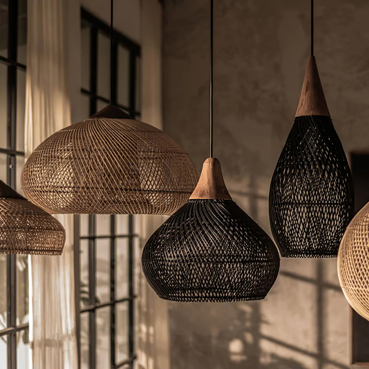 Rattan Pendant Light, Handwoven Wood & Rattan Shade