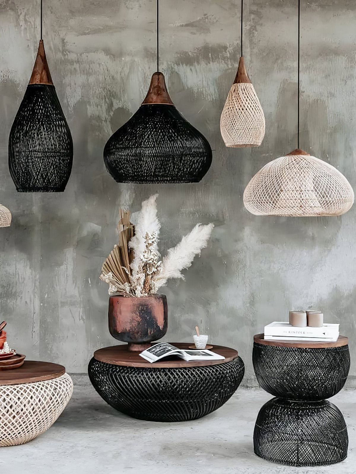 Rattan Pendant Light, Handwoven Wood & Rattan Shade
